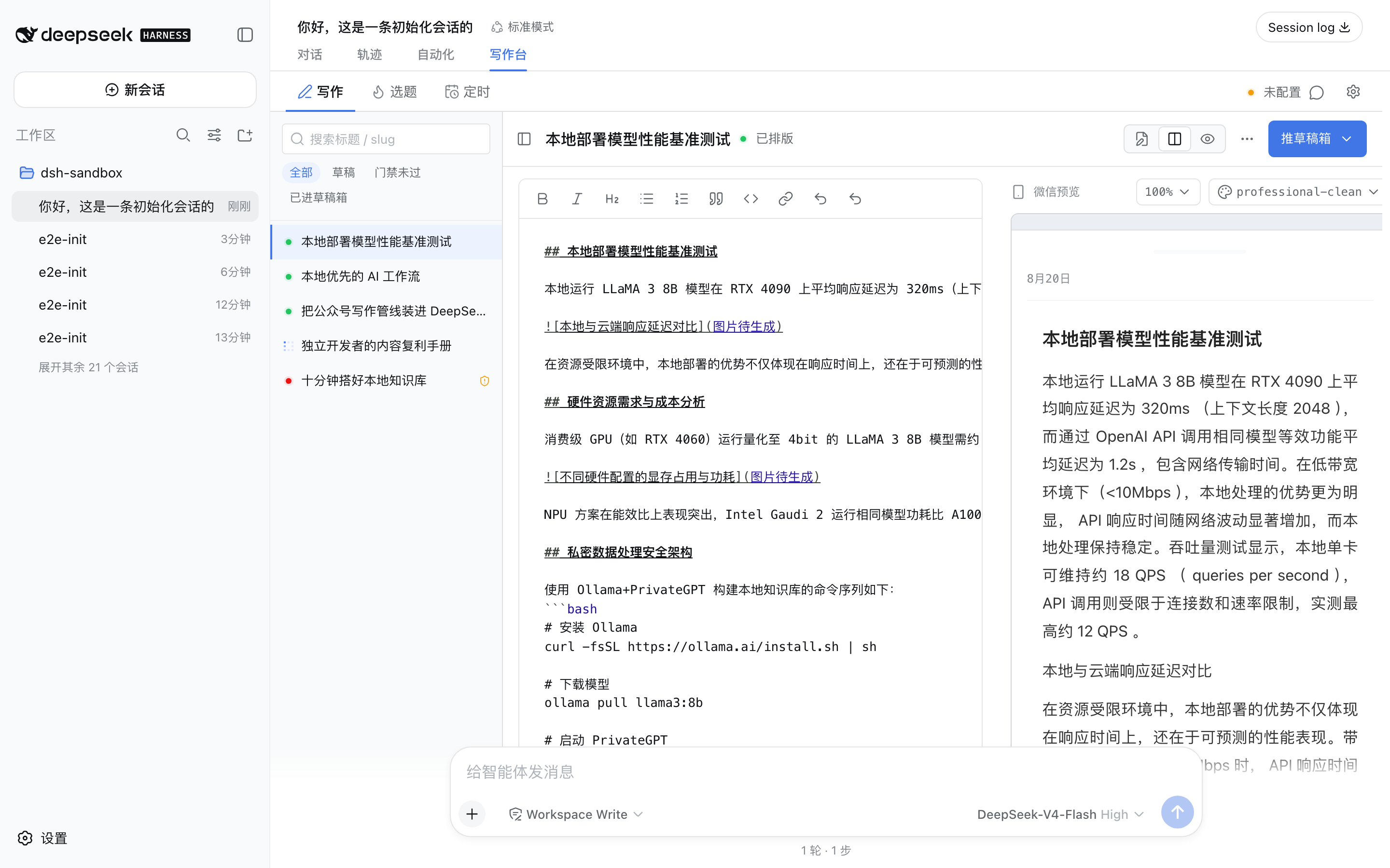 写作工作区界面：左栏文章列表（搜索、状态筛选、门禁标记、新文章入口），主区编辑器默认载入最近一篇